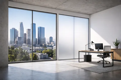 DTLA modern office with two glass panels showing switchable smart glass technology in clear and opaque states
