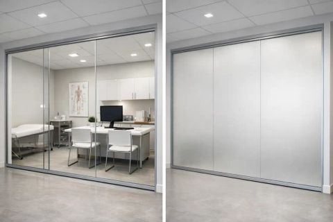 Smart glass for medical clinics — switchable PDLC glass partitions in a medical clinic hallway transitioning from clear to frosted for patient confidentiality