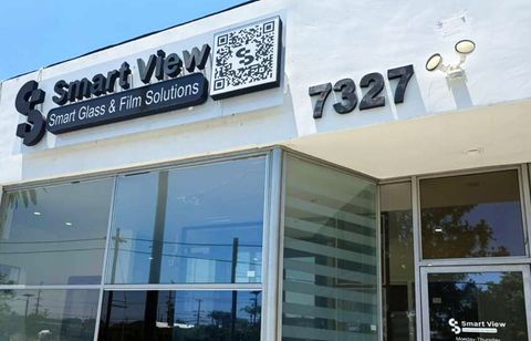 The Smart View Smart Glass & Film Solutions storefront sign at 7327 Canoga Avenue in Canoga Park, Los Angeles, where customers buy smart glass and smart film direct