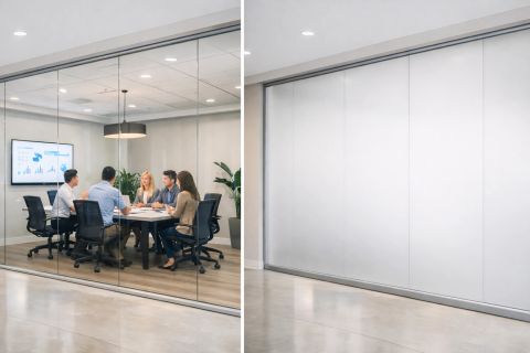 Conference room privacy film — switchable smart film install on a Beverly Hills boardroom glass wall